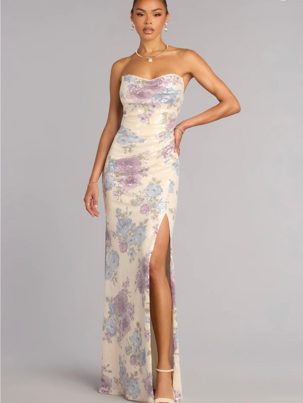 Windsor Strapless Floral Sequin Gown in Cream, Lavender, Light Blue